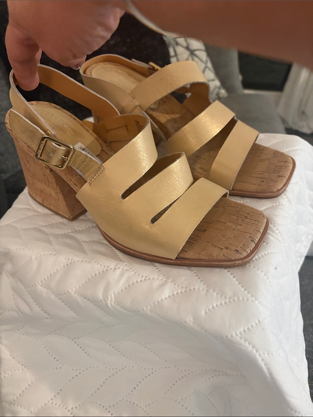 Kork- Ease Original Metallic Gold Cork Block Heel Wedge Sandals